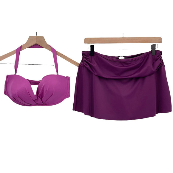 J. Crew Swimsuit Bikini Top Swim Skirt Bottoms Purple Color Block | 32D / Small - Picture 2 of 12